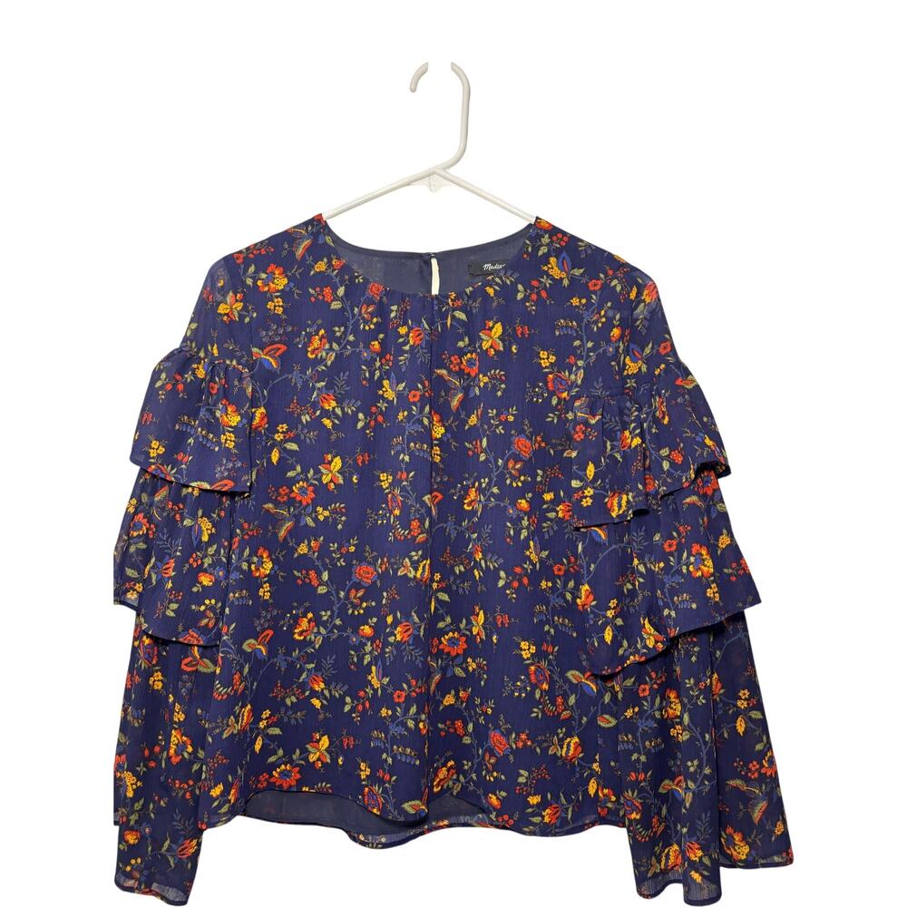 Madewell Floral Dark Blue Ruffle Sleeve Top Women's Size XXS